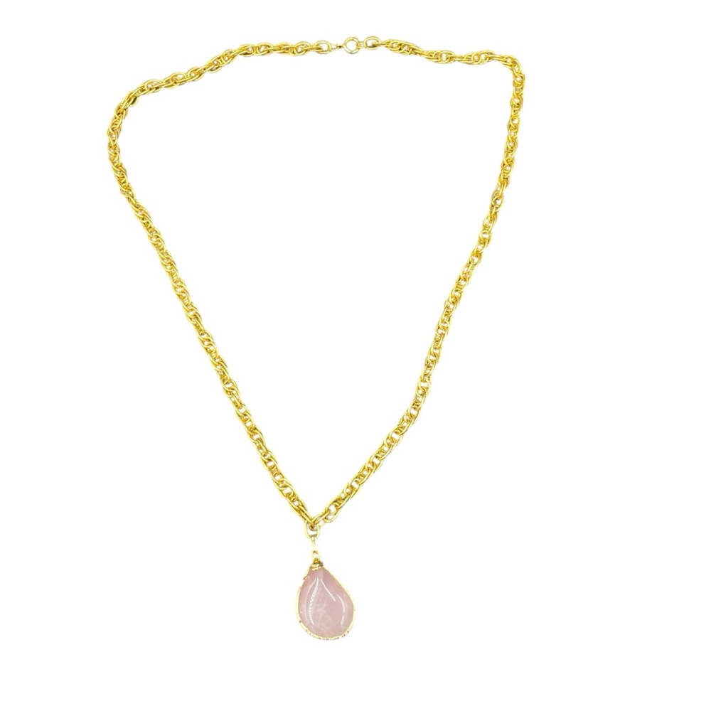 Elegant Gold Tone Link Necklace with Pink Rose Quartz Pendant